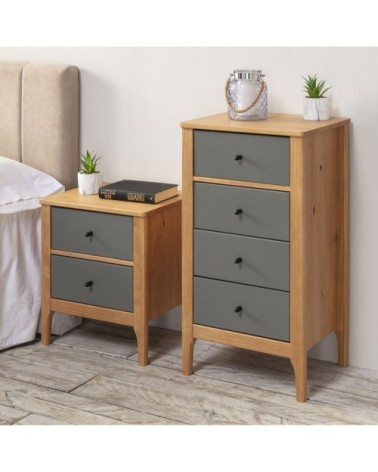 Chiffonnier nuit 4 tiroirs dans tiroirs chêne/gris, 46 cm longueur