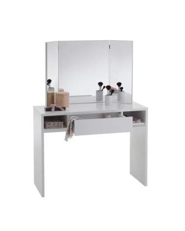 Coiffeuse 1 Tiroir 2 Niches avec Miroir 3 Pans - Blanc