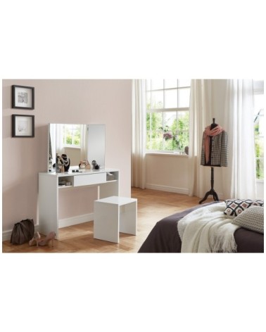 Coiffeuse 1 Tiroir 2 Niches avec Miroir 3 Pans - Blanc