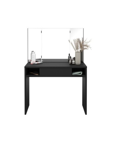 Coiffeuse 1 Tiroir 2 Niches avec Miroir 3 Pans - Noire