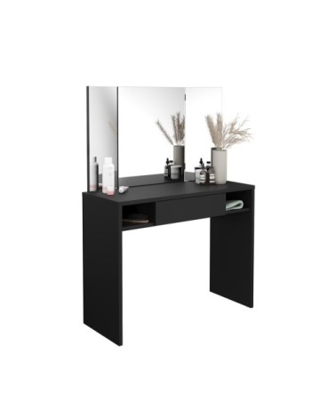 Coiffeuse 1 Tiroir 2 Niches avec Miroir 3 Pans - Noire