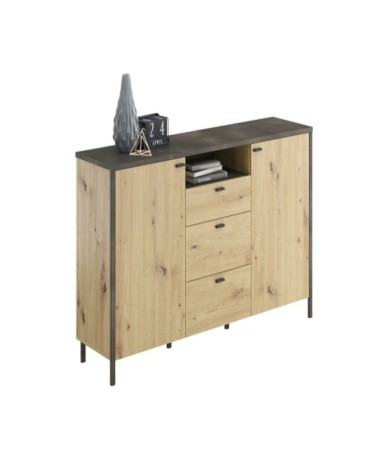 Buffet 2 Portes 3 Tiroirs 1 Niche - Aspect Chêne - L163.5cm