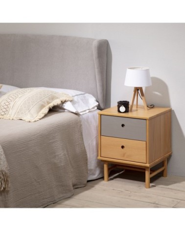 Table de chevet 2 tiroirs couleur bois et gris, bois massif