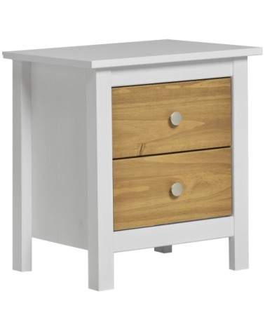 Table de chevet blanc 2 tiroirs, fabriqué en bois de pin massif