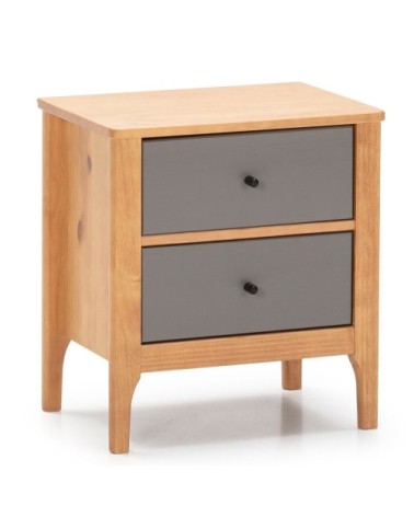 Table de chevet 2 tiroirs couleur bois et gris, bois massif