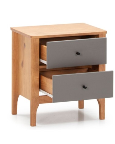 Table de chevet 2 tiroirs couleur bois et gris, bois massif