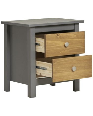 Table de chevet gris 2 tiroirs, fabriqué en bois de pin massif