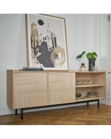 Buffet 2 portes effet bois clair et pieds en métal noir