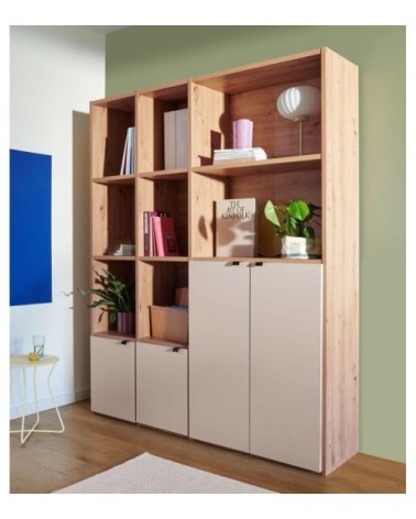 Bibliothèque 4 portes effet bois clair et blanc