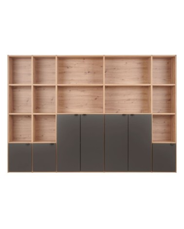 Bibliothèque 7 portes effet bois clair et noir