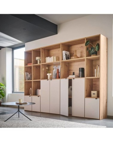 Bibliothèque 7 portes effet bois clair et blanc
