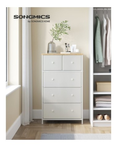 Commode avec 5 tiroirs en tissu blanc et couleur boisée