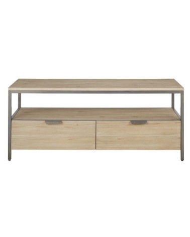 Meuble TV 2 tiroirs finition blanchie et gris