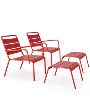 Lot de 2 fauteuils relax avec repose-pieds en métal rouge