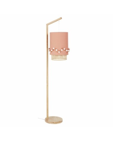 Lampadaire en bois d'hévéa abat-jour rose avec pompons H138