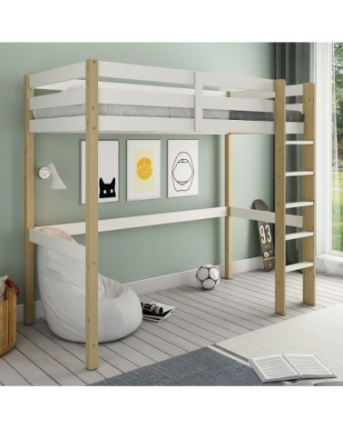 Lit mezzanine en pin blanc et bois 90x200