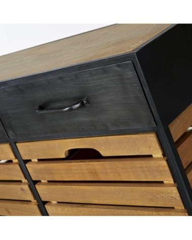 Banc d'entrée industriel 4 tiroirs en bois de pin, sapin et métal noir