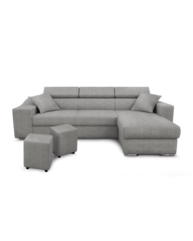 Canapé d’angle 4 places en tissu gris avec rangement gauche