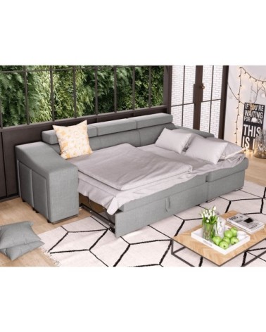 Canapé d’angle 4 places en tissu gris avec rangement gauche
