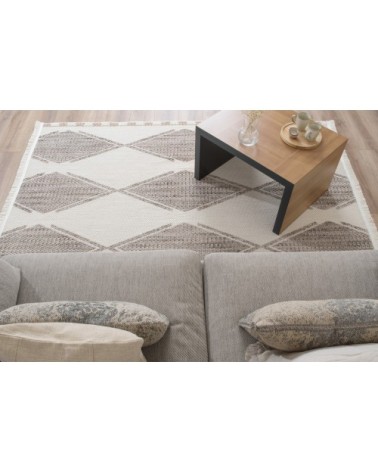 Tapis crème à franges  motif losange en relief 120x160