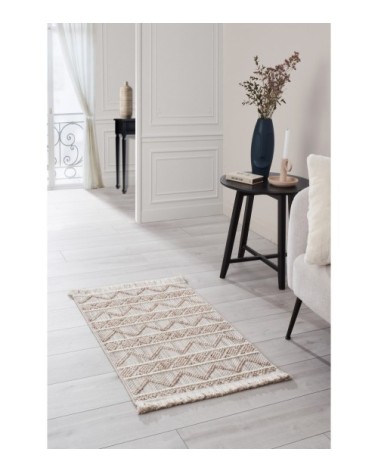 Tapis à franges  motif en relief beige 60x90