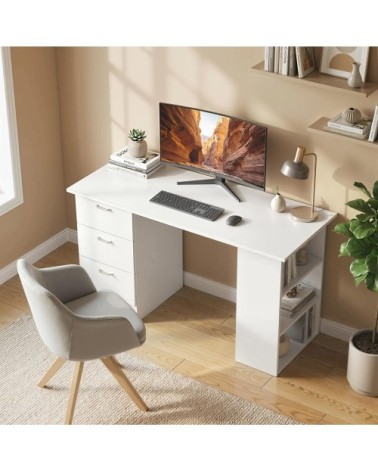 Bureau informatique 3 tiroirs 2 étagères mdf blanc