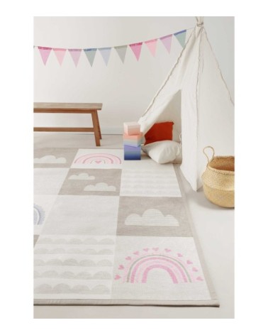 Tapis plat réversible tons pastels beige, rose et bleu 100x160