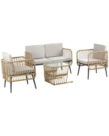 Salon de jardin 4 places 4 pièces style colonial résine aspect rotin