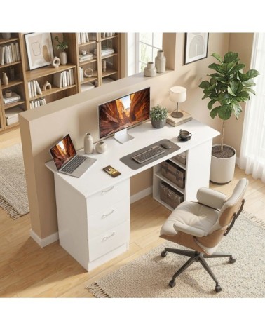 Bureau informatique 3 tiroirs 2 étagères mdf blanc
