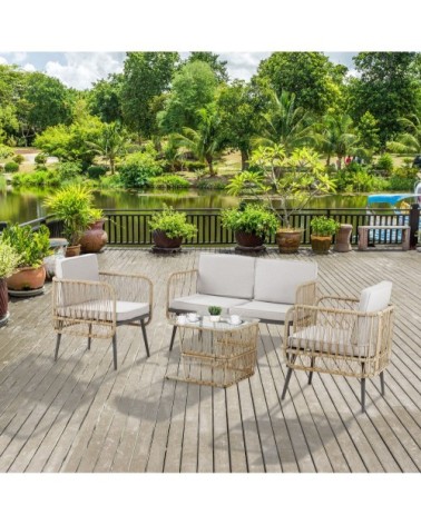 Salon de jardin 4 places 4 pièces style colonial résine aspect rotin