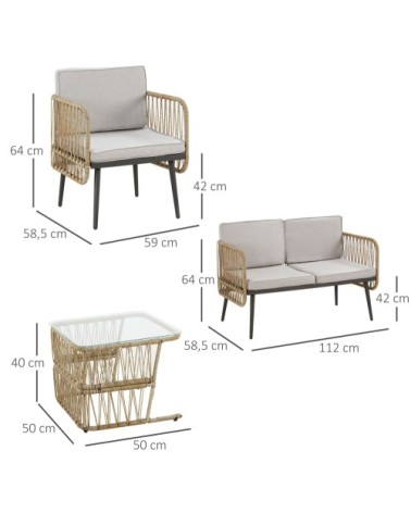 Salon de jardin 4 places 4 pièces style colonial résine aspect rotin