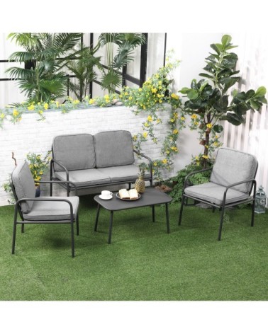 Ensemble salon de jardin 4 places 4 pièces avec coussins gris