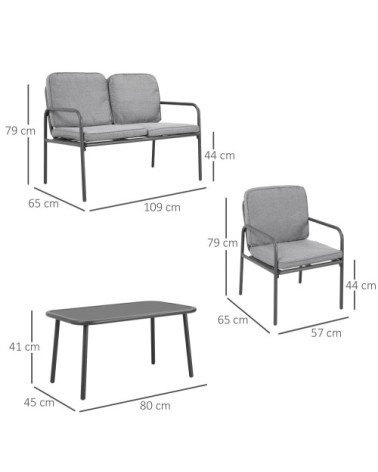 Ensemble salon de jardin 4 places 4 pièces avec coussins gris
