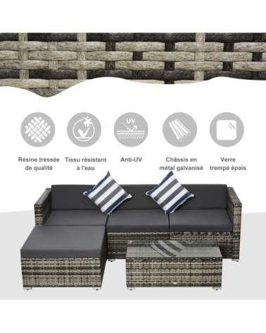 Ensemble salon de jardin 4 places 5 pièces avec coussins résine gris