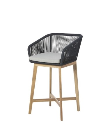 Fauteuil de bar de jardin professionnel en corde tressée anthracite et toile gris clair