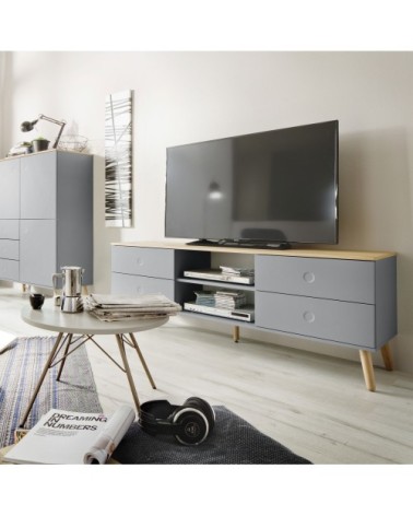Meuble TV en bois 4 tiroirs L162cm gris clair
