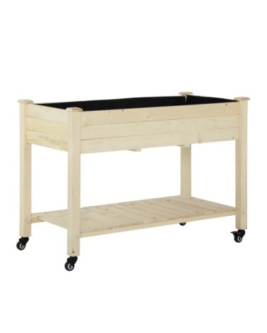 Jardinière sur pieds roulettes avec étagère bois sapin