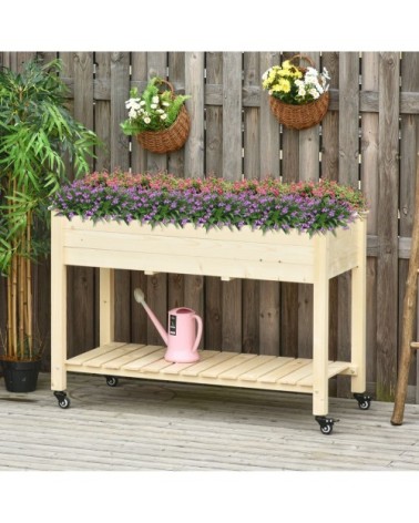 Jardinière sur pieds roulettes avec étagère bois sapin