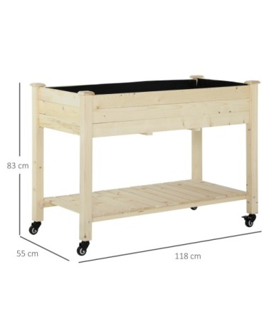 Jardinière sur pieds roulettes avec étagère bois sapin