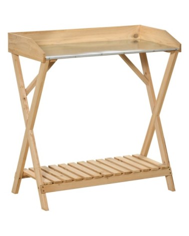 Table de rempotage étagère à lattes plateau tôle acier sapin pré-huilé