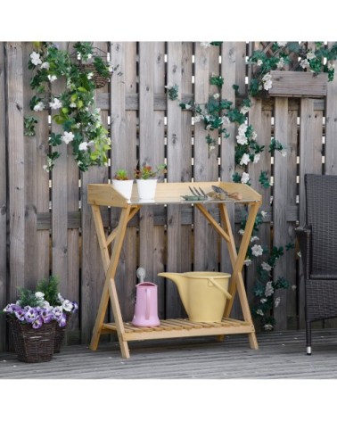 Table de rempotage étagère à lattes plateau tôle acier sapin pré-huilé