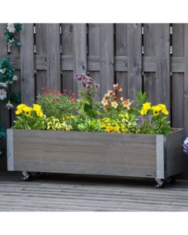 Jardinière sur roulettes métal bois de sapin gris