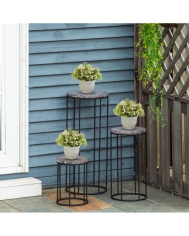 Support pot de fleurs 3 pièces métal époxy plateaux aspect marbre gris