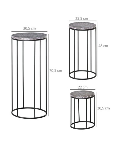 Support pot de fleurs 3 pièces métal époxy plateaux aspect marbre gris