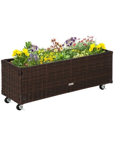 Jardinière sur roulettes résine tressée aspect rotin chocolat
