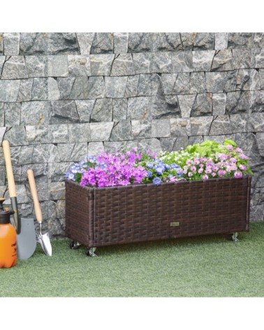 Jardinière sur roulettes résine tressée aspect rotin chocolat