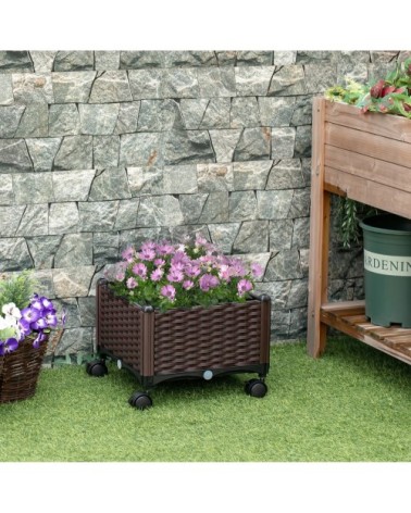 Jardinière sur roulettes plastique imitation rotin tressé chocolat