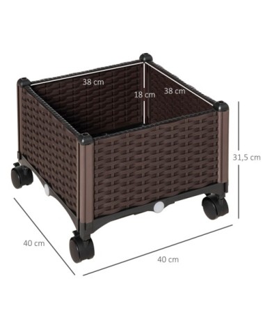 Jardinière sur roulettes plastique imitation rotin tressé chocolat