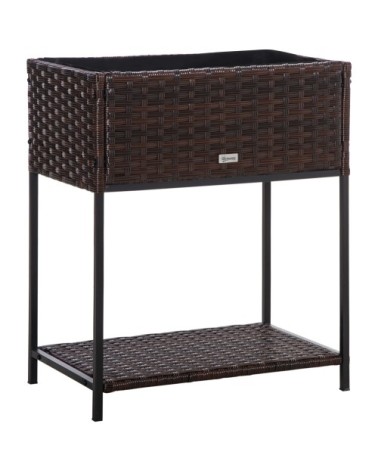 Jardinière sur pieds avec étagère - résine tressée aspect rotin marron