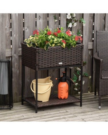 Jardinière sur pieds avec étagère - résine tressée aspect rotin marron